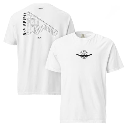 Hand-drawn technical schematic of the Northrop Grumman B-2 Spirit stealth bomber printed on a standard t-shirt.