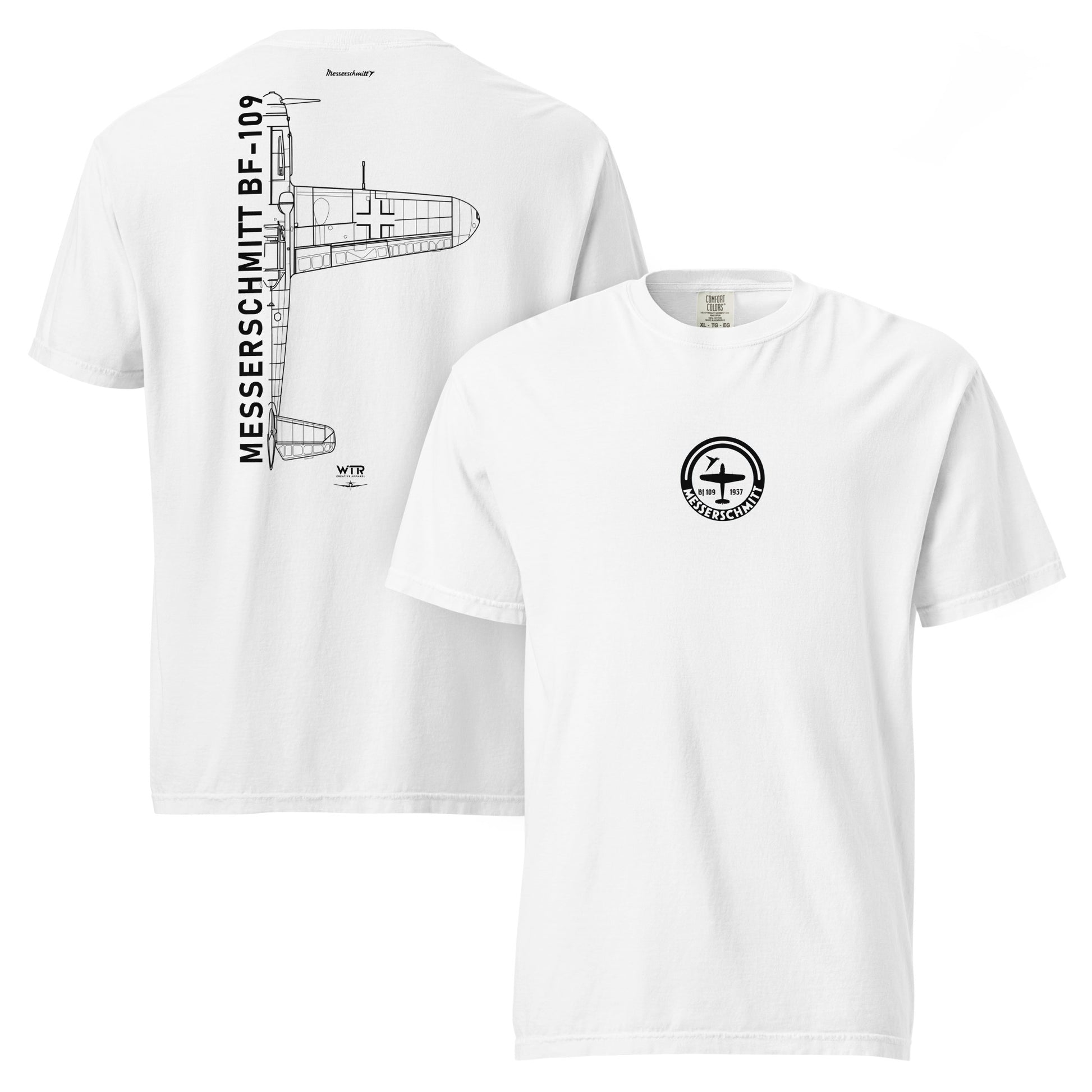 Hand-drawn technical schematic of the Messerschmitt BF-109 WWII Luftwaffe fighter printed on a standard t-shirt.