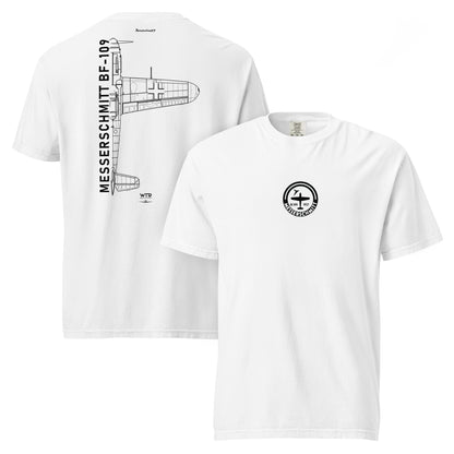 Hand-drawn schematic of the MESSERSCHMITT BF-109 printed on a standard T-shirt.