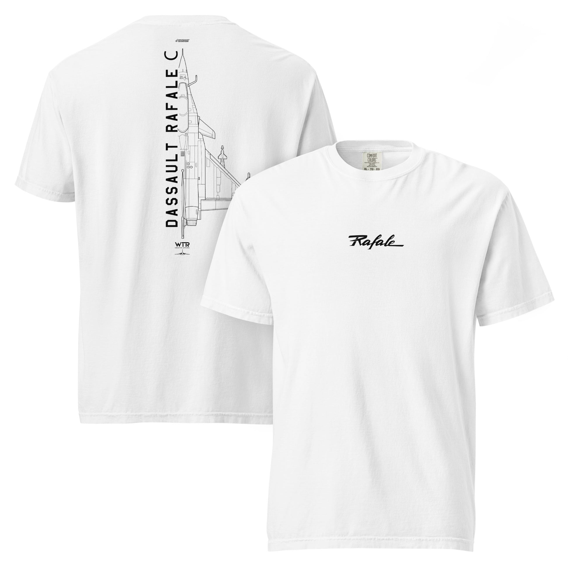 Hand-drawn technical schematic of the Dassault Rafale C French Air Force air supremacy fighter on a standard t-shirt.