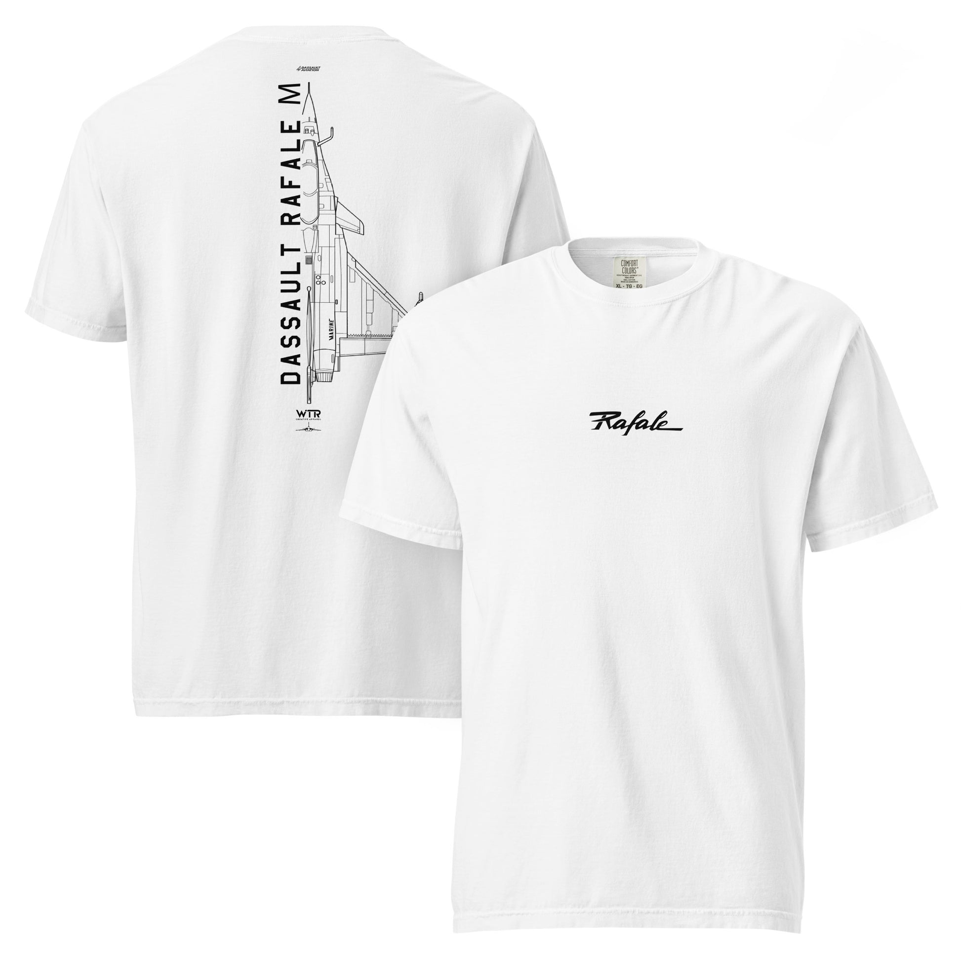 Hand-drawn technical schematic of the Dassault Rafale M Marine Nationale carrier fighter on a standard t-shirt.