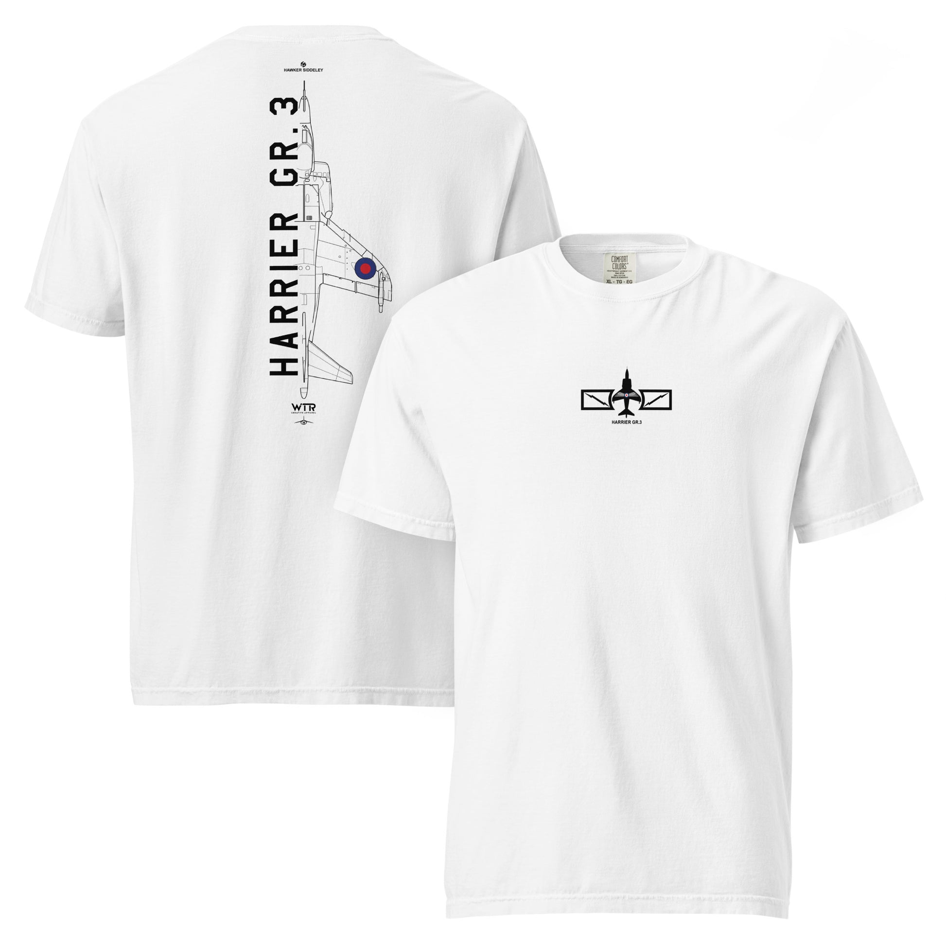 Hand-drawn technical schematic of the Hawker Harrier GR.3 RAF VTOL vertical takeoff jet on a standard t-shirt.