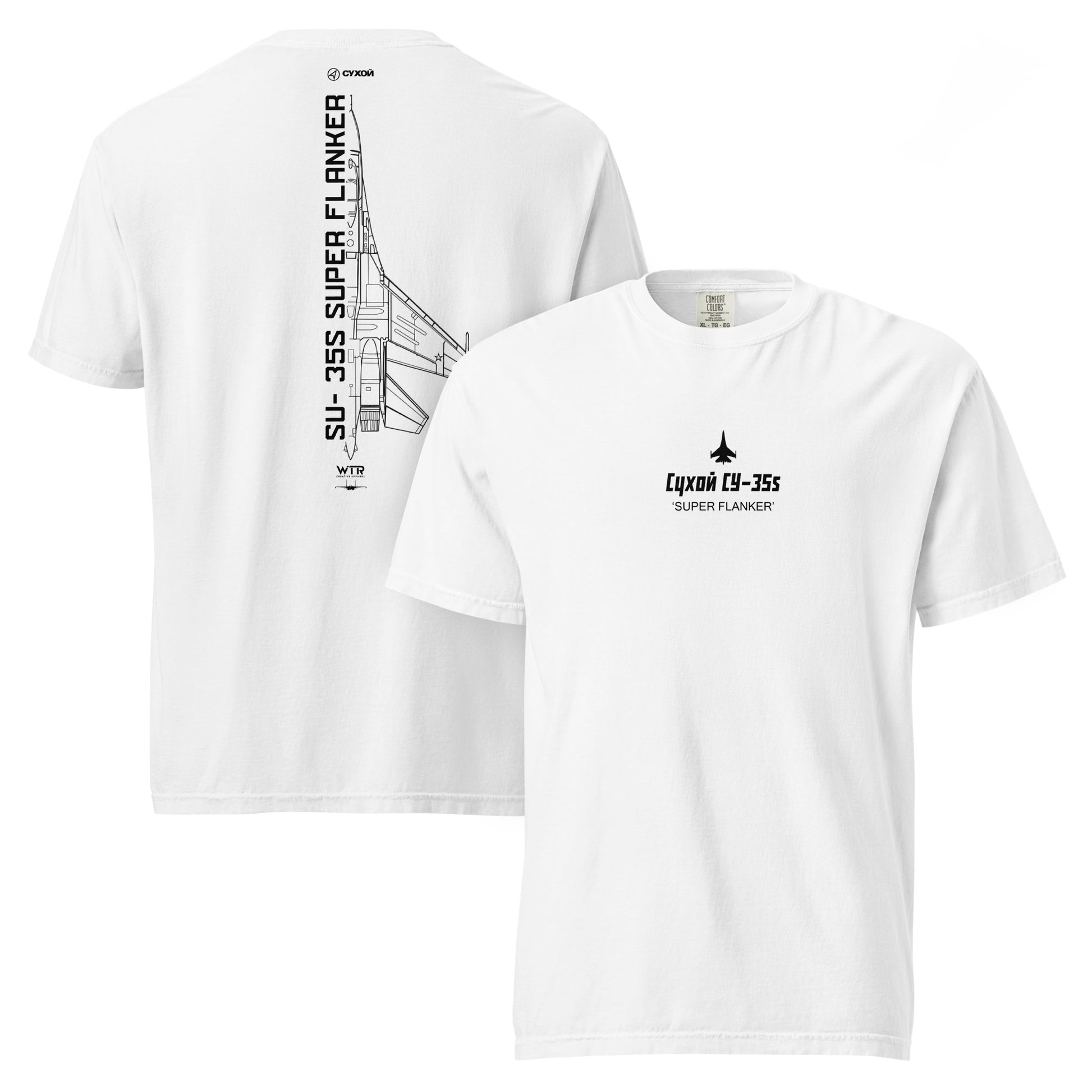 Hand-drawn technical schematic of the Sukhoi SU-35S Super Flanker supermaneuverable fighter on a standard t-shirt.
