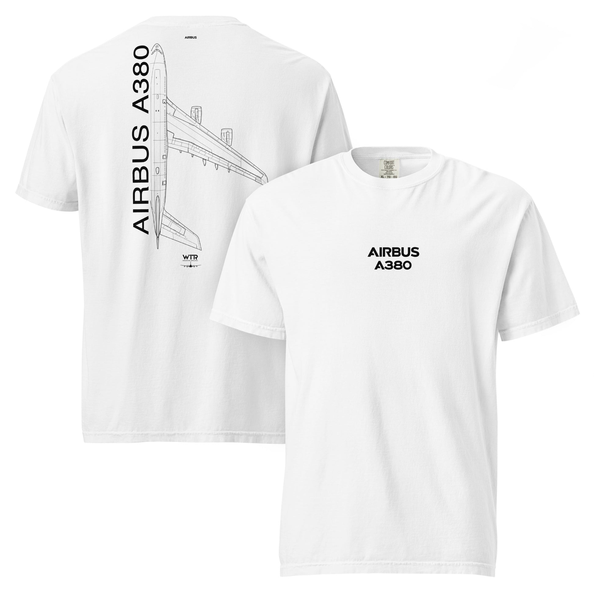 Hand-drawn technical schematic of the Airbus A380 SuperJumbo passenger airliner printed on a standard t-shirt.