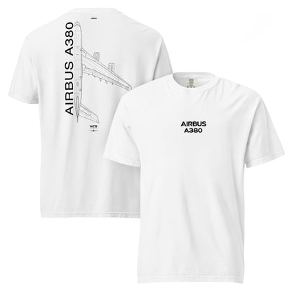 Hand-drawn schematic of the AIRBUS A380 SUPERJUMBO printed on a standard T-shirt.