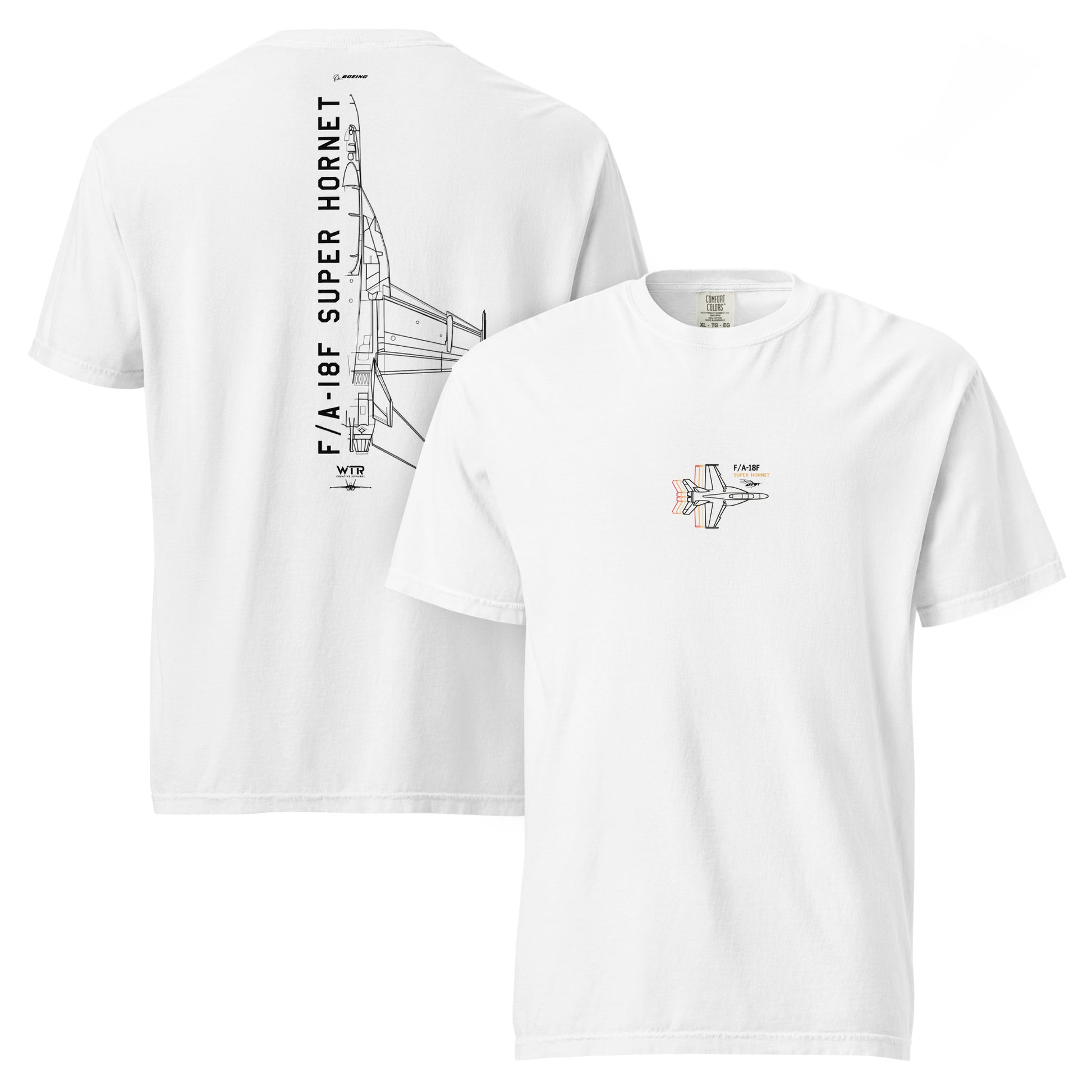 Hand-drawn technical schematic of the Boeing F/A-18F Super Hornet naval fighter printed on a standard t-shirt.