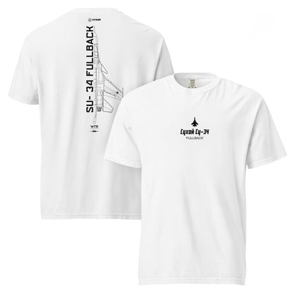 Hand-drawn technical schematic of the Sukhoi SU-34 Fullback fighter-bomber printed on a standard t-shirt.