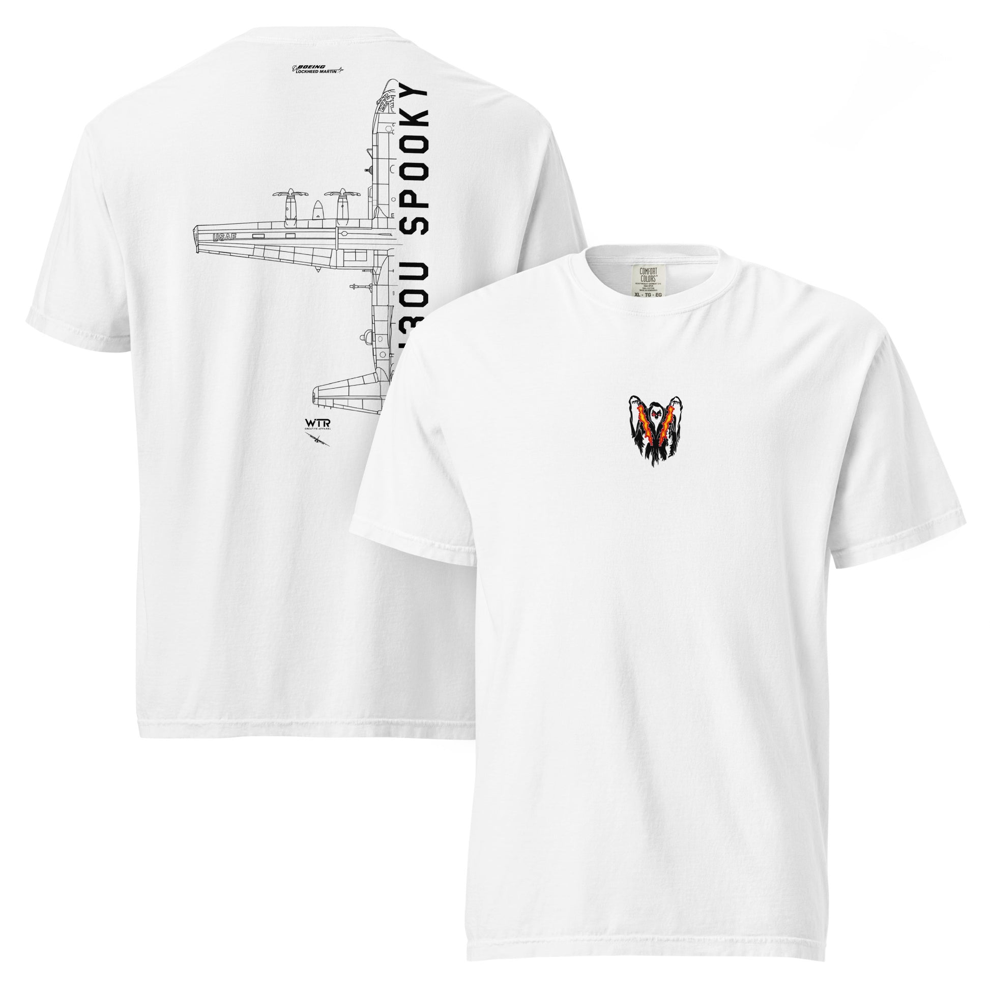 Hand-drawn technical schematic of the Lockheed Martin AC-130U Spooky gunship printed on a standard t-shirt.