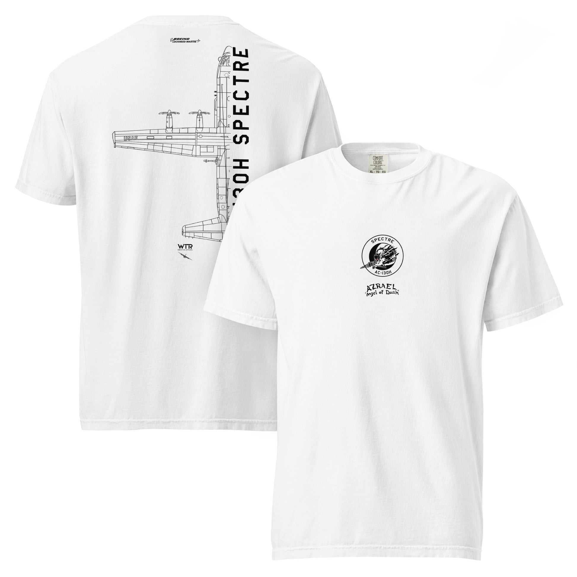 Hand-drawn technical schematic of the Lockheed Martin AC-130H Spectre gunship printed on a standard t-shirt.