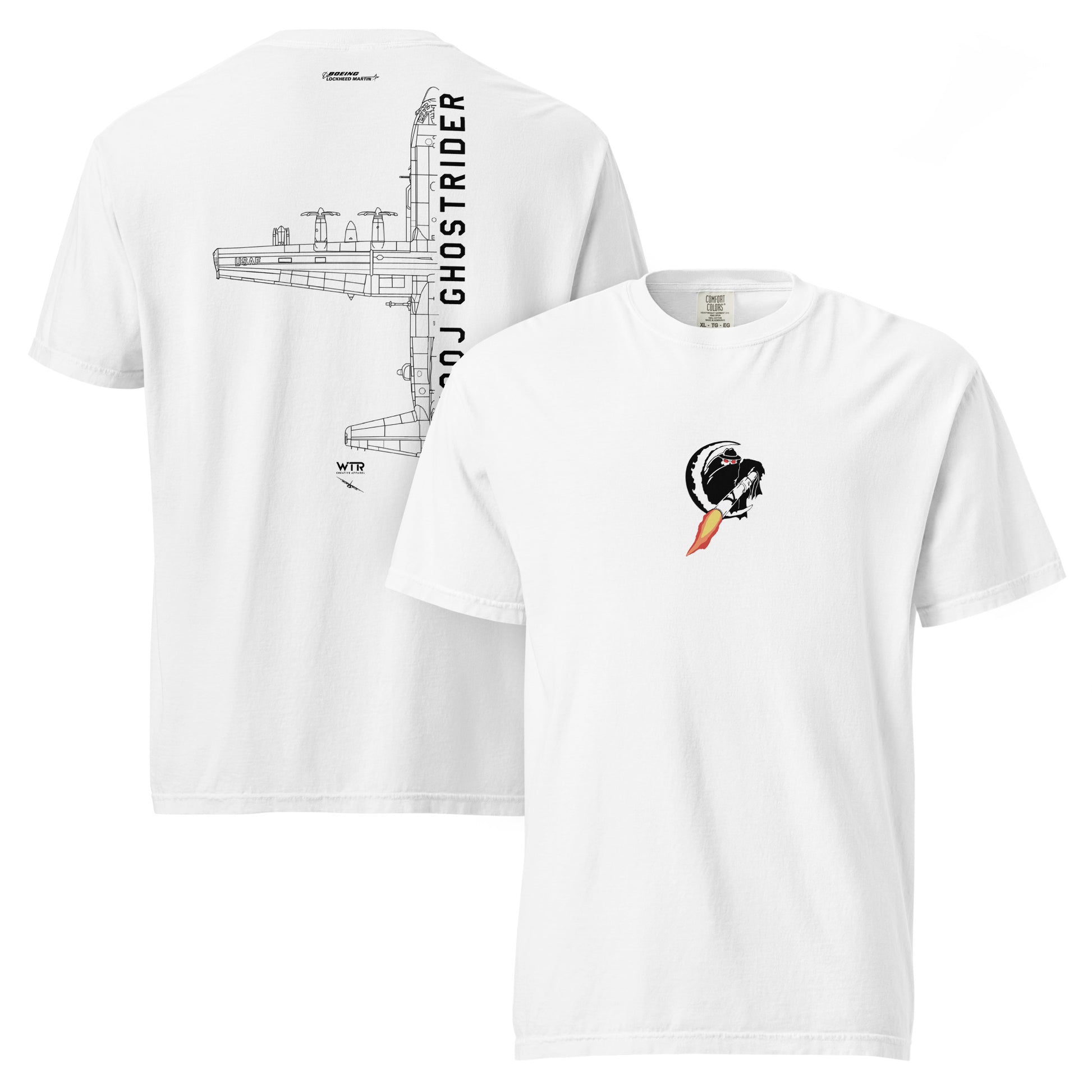 Hand-drawn technical schematic of the Lockheed Martin AC-130J Ghostrider gunship printed on a standard t-shirt.