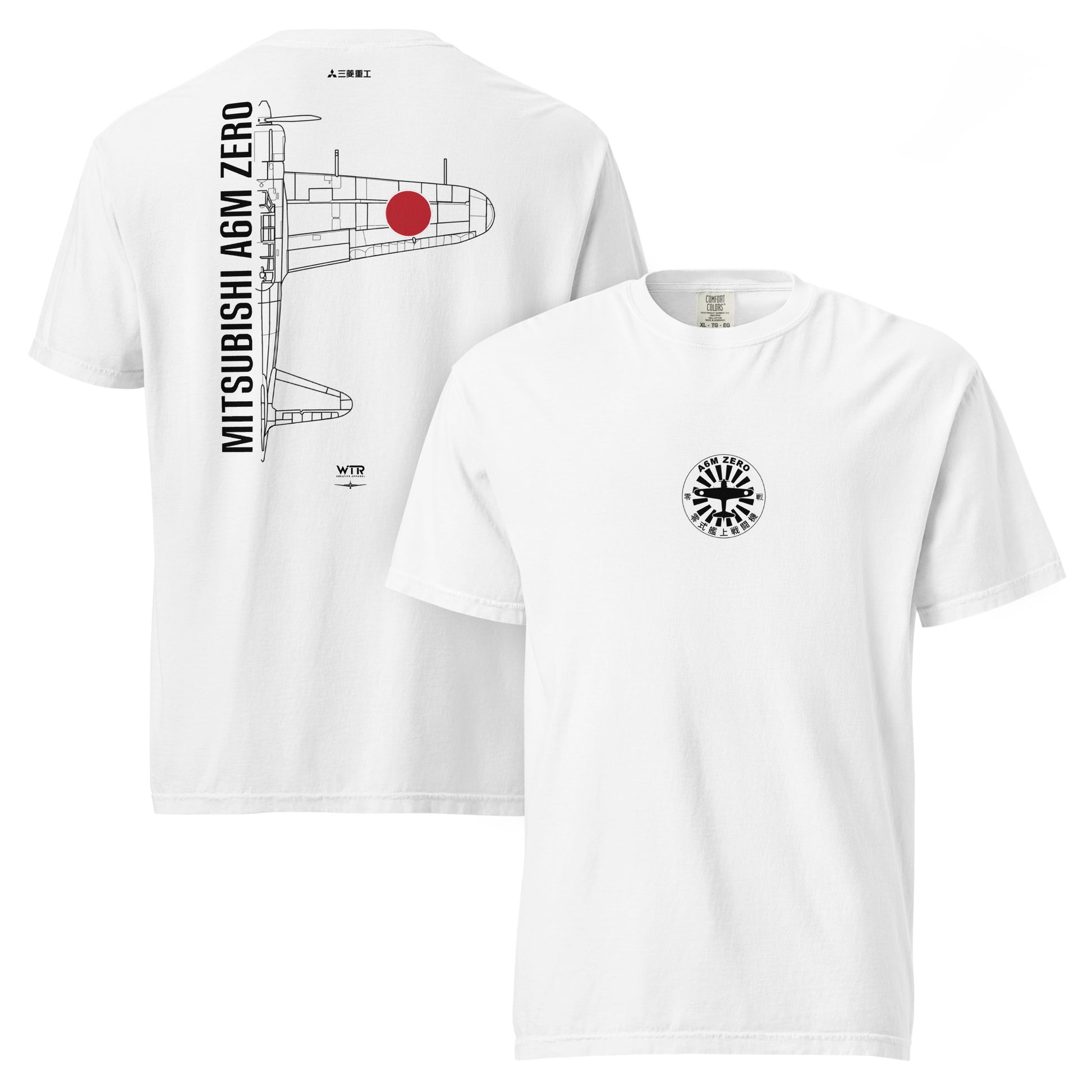 Hand-drawn technical schematic of the Mitsubishi A6M Zero Imperial Japanese Navy WWII fighter on a standard t-shirt.