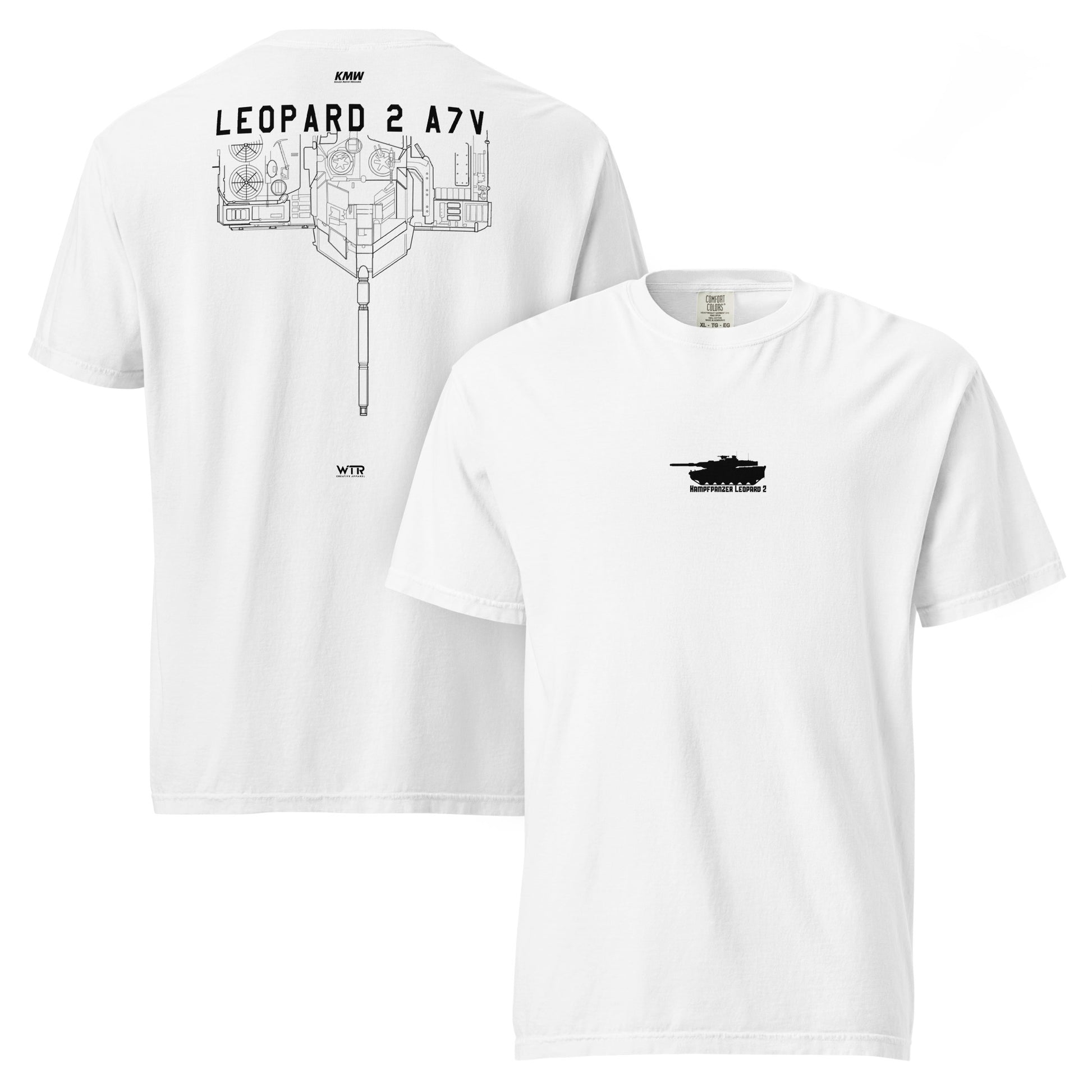Hand-drawn technical schematic of the Krauss-Maffei Leopard 2 A7V German Main Battle Tank on a standard t-shirt.