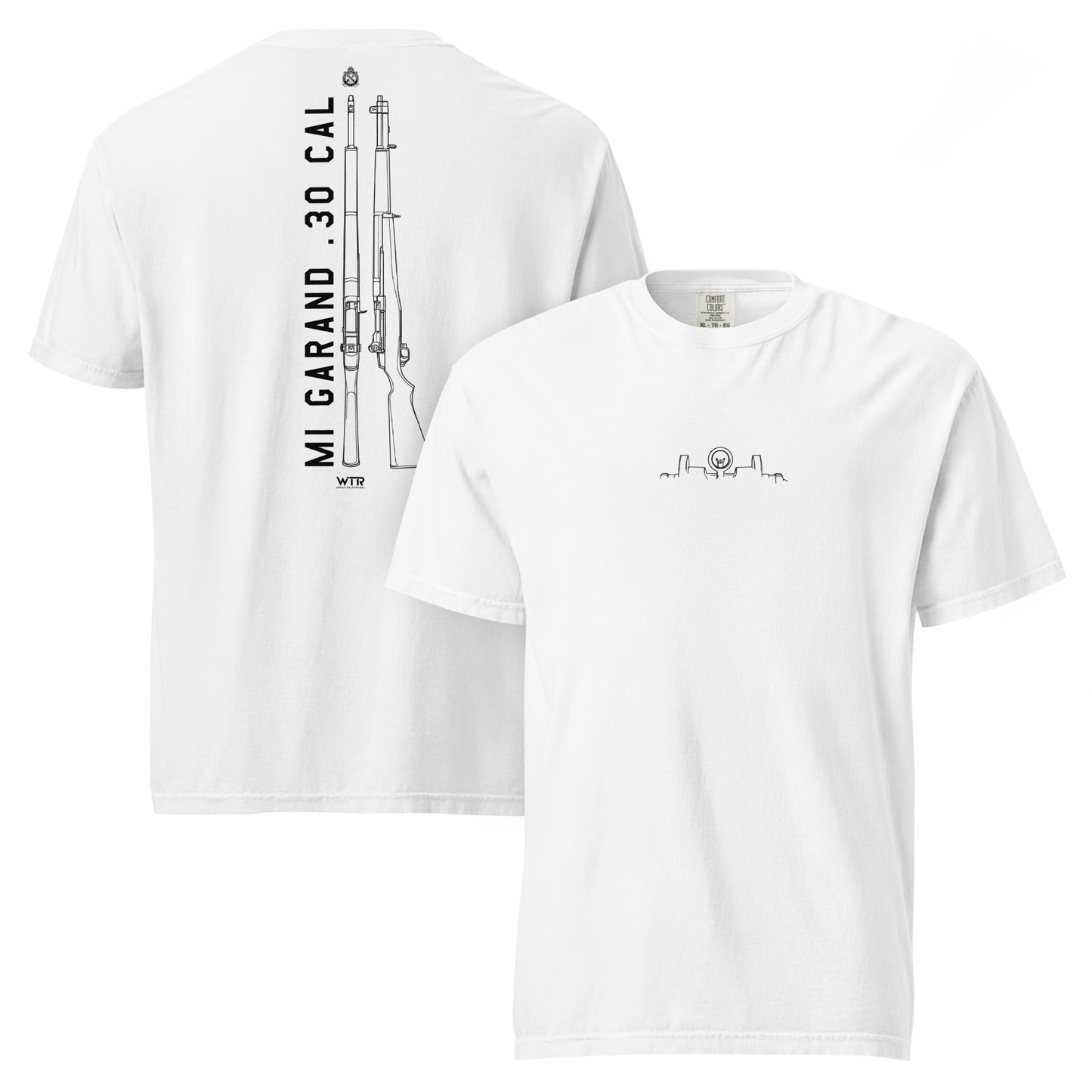 Hand-drawn schematic of the SPRINGFIELD M1 GARAND RIFLE printed on a standard T-shirt.