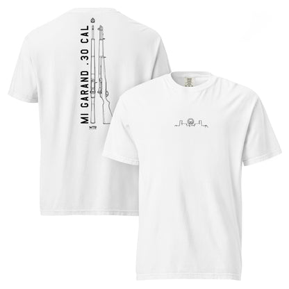 Hand-drawn schematic of the SPRINGFIELD M1 GARAND RIFLE printed on a standard T-shirt.