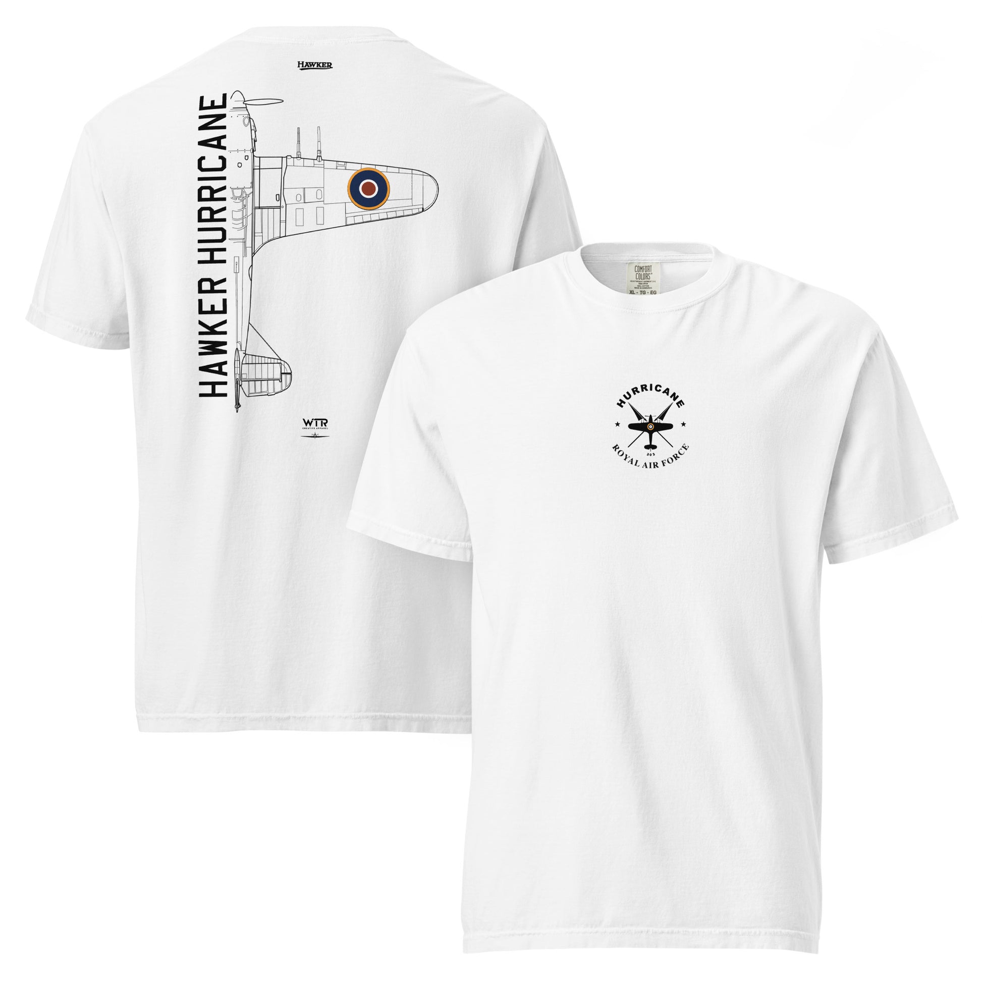 Hand-drawn technical schematic of the Hawker Hurricane WWII RAF Battle of Britain fighter on a standard t-shirt.