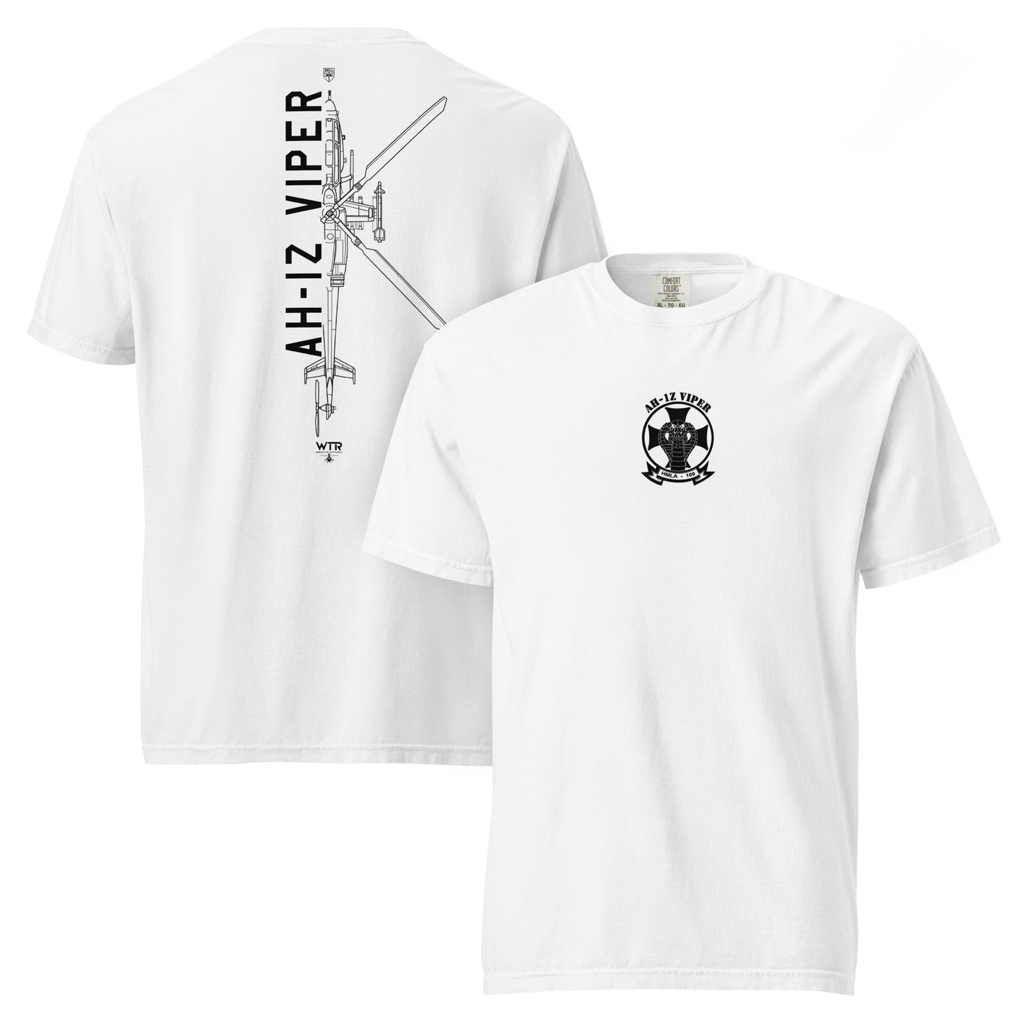 Hand-drawn schematic of the BELL AH-1Z VIPER ATTACK HELICOPTER printed on a standard T-shirt.