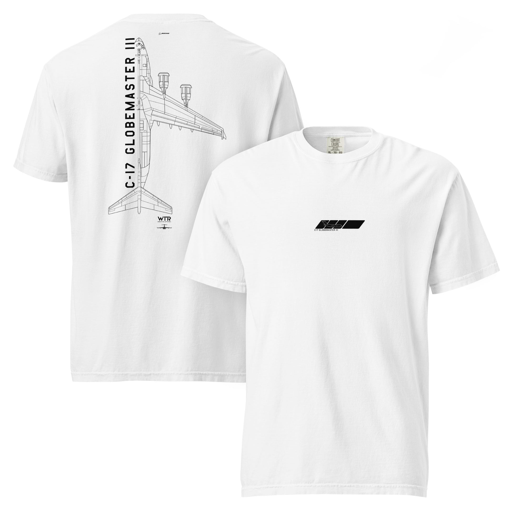 Hand-drawn technical schematic of the Boeing C-17 Globemaster III military transport aircraft on a standard t-shirt.