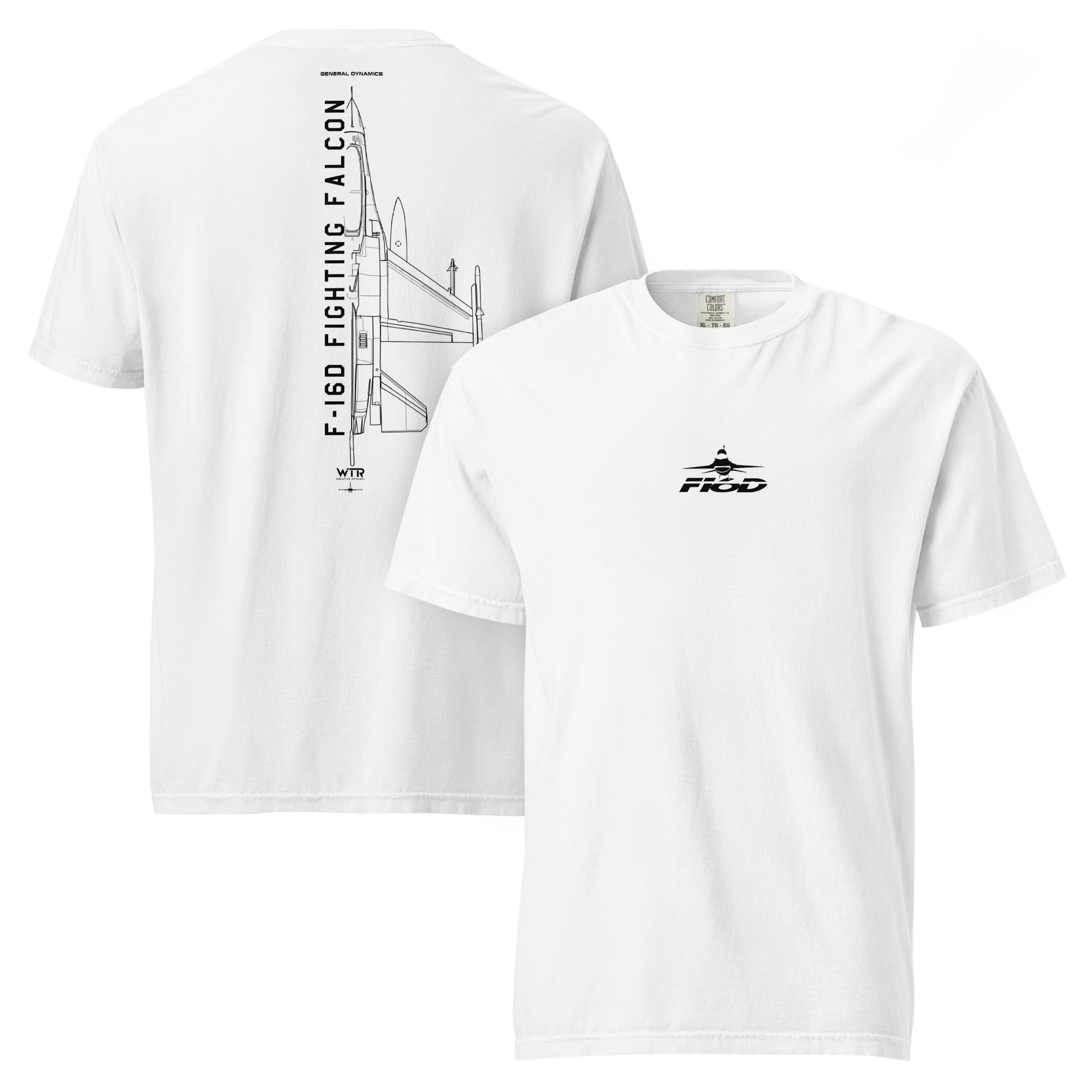 Hand-drawn technical schematic of the General Dynamics F-16D Fighting Falcon Block 52 on a standard t-shirt.