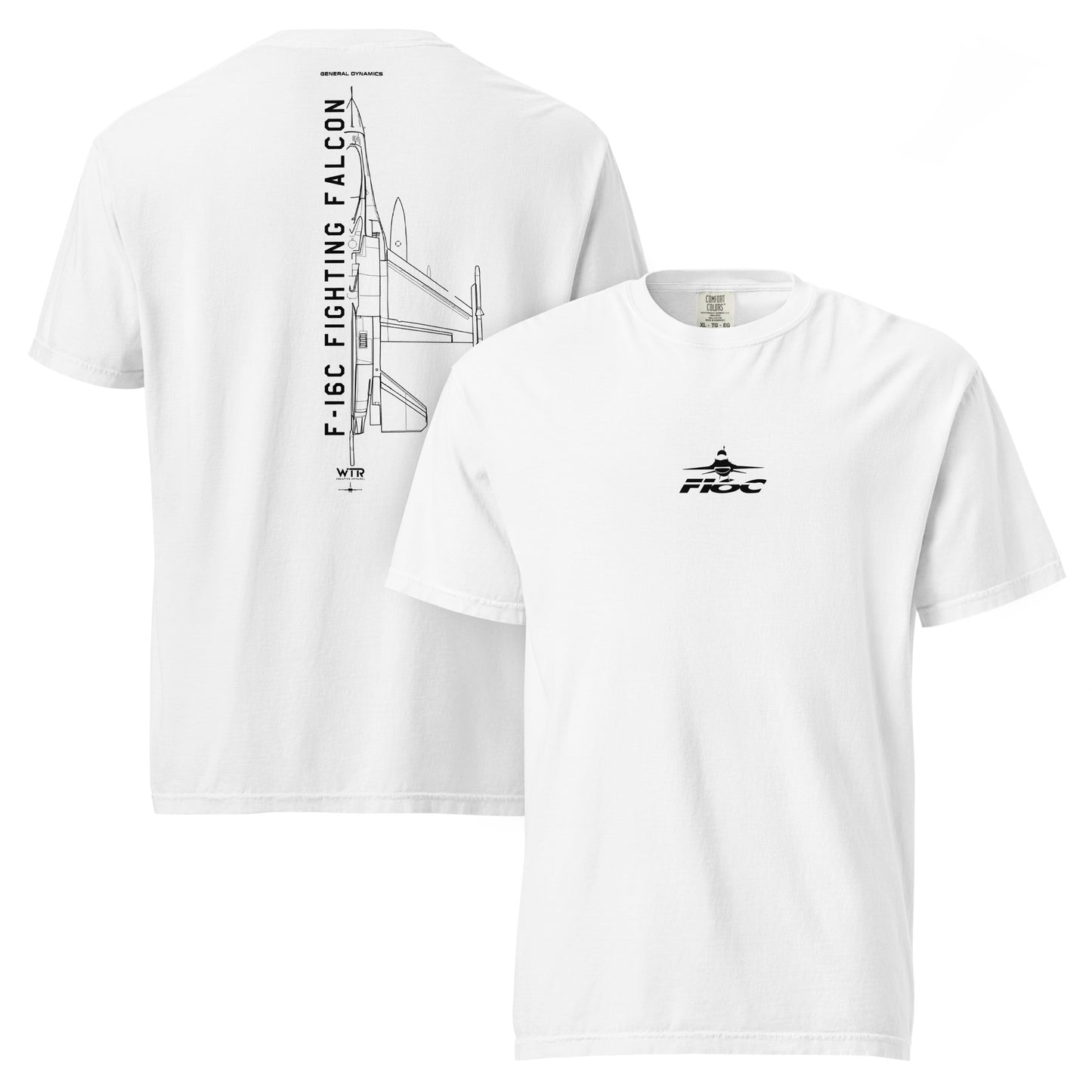 Hand-drawn schematic of the GENERAL DYNAMICS F-16C FIGHTING FALCON BLOCK 52 printed on a standard T-shirt.