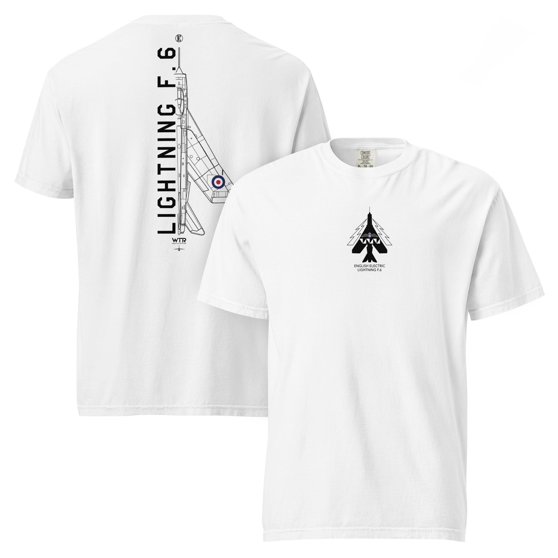 Hand-drawn technical schematic of the English Electric Lightning F.6 RAF interceptor printed on a standard t-shirt.