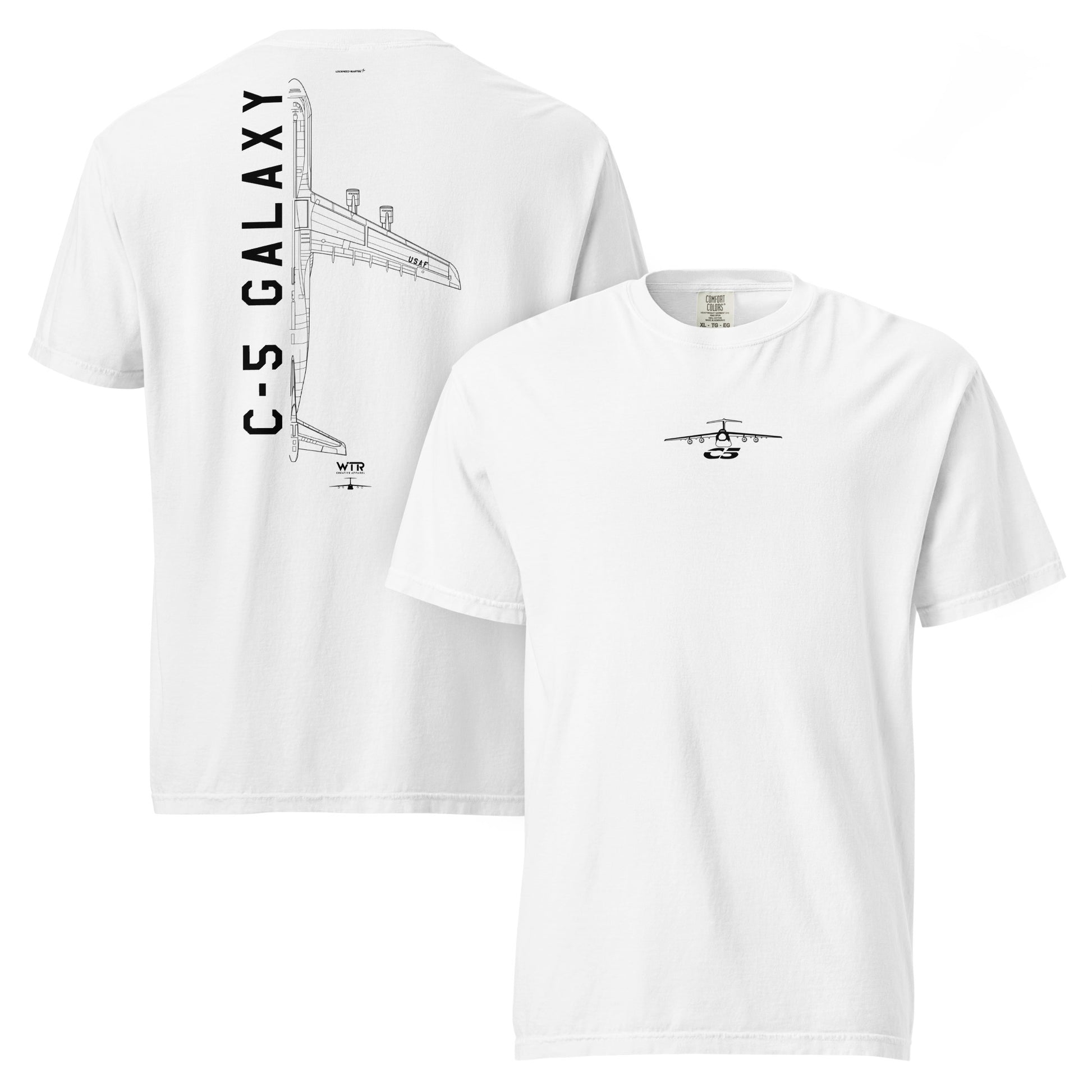 Hand-drawn technical schematic of the Lockheed Martin C-5 Galaxy strategic transport aircraft on a standard t-shirt.