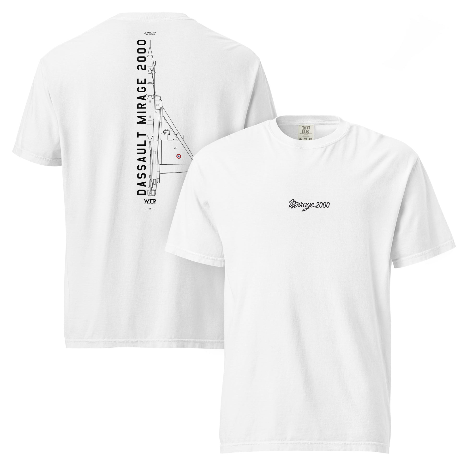 Hand-drawn technical schematic of the Dassault Mirage 2000 delta-wing fighter printed on a standard t-shirt.