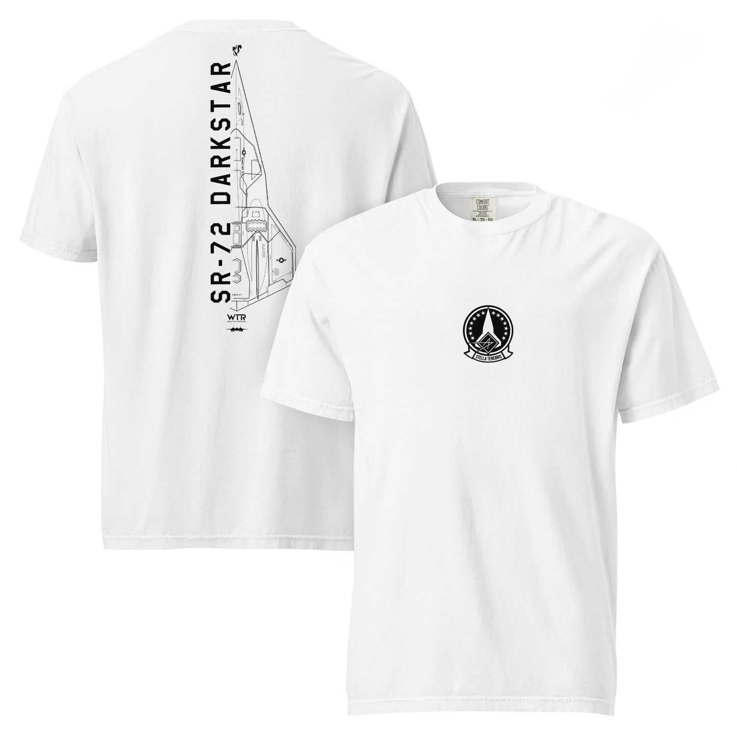 Hand-drawn schematic of the LOCKHEED MARTIN SKUNK WORKS SR-72 DARKSTAR printed on a standard T-shirt.