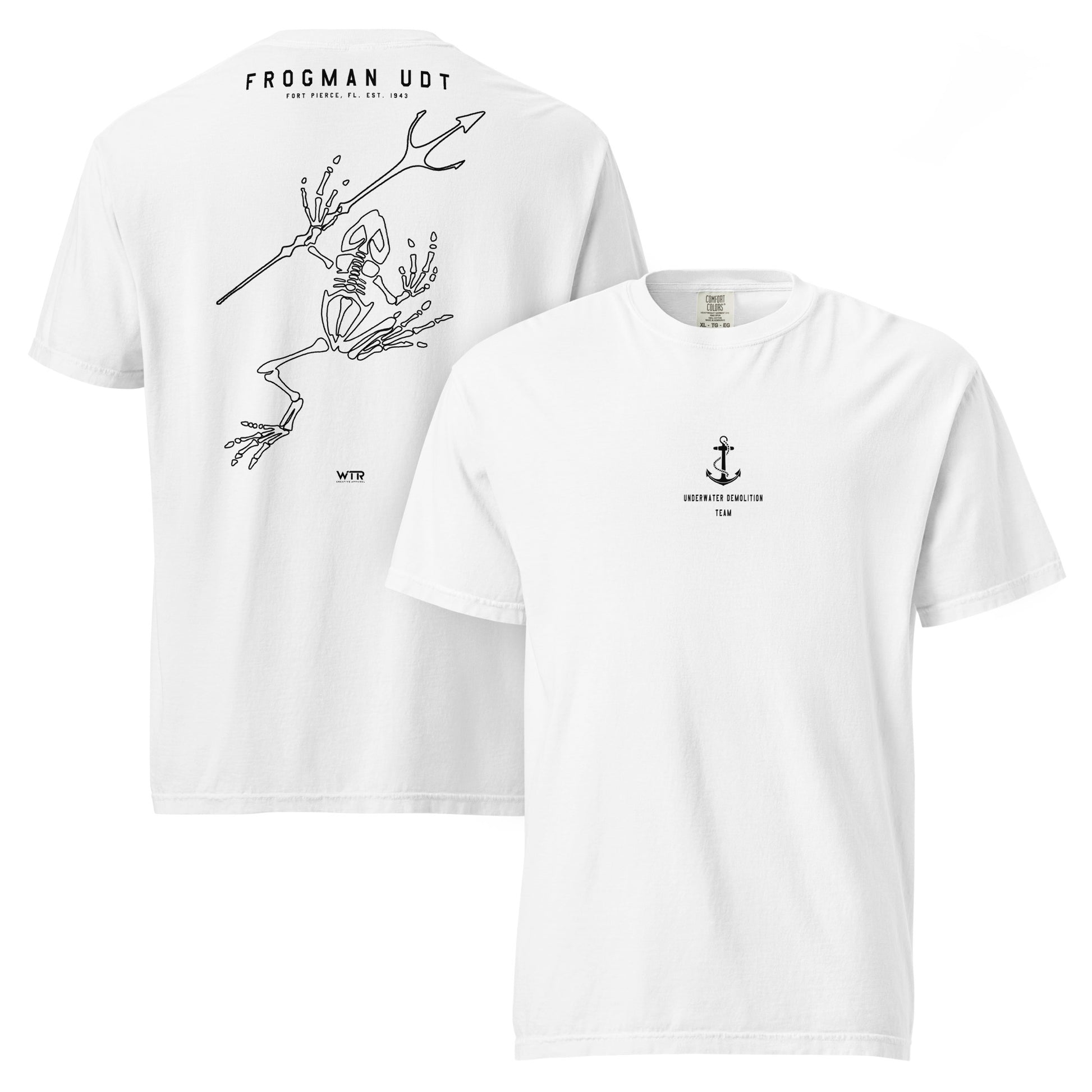 Hand-drawn artistic design of a US Navy Underwater Demolition Team UDT Frogman printed on a standard t-shirt.