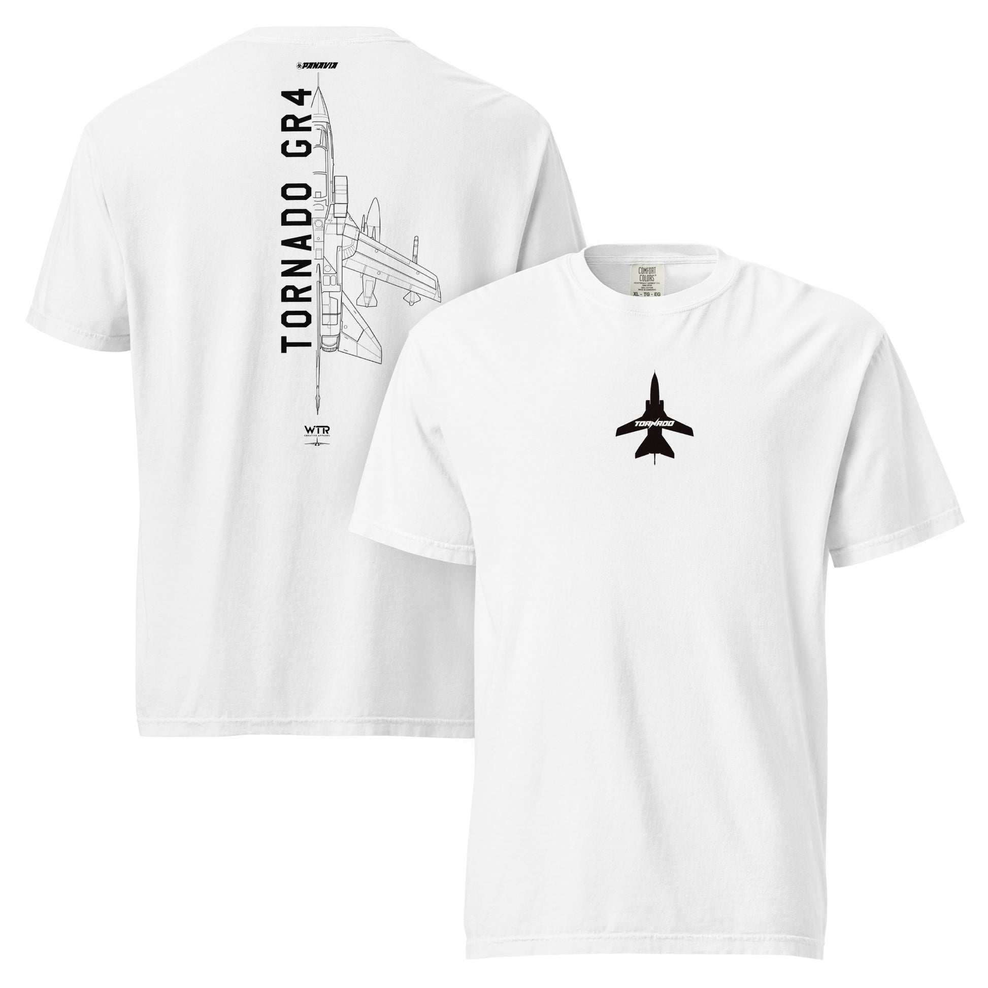 Hand-drawn technical schematic of the Panavia Tornado GR4 multi-role strike jet printed on a standard t-shirt.