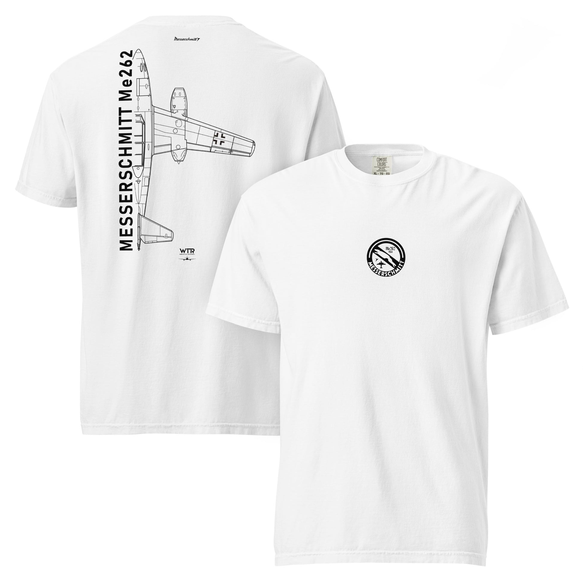 Hand-drawn technical schematic of the Messerschmitt Me-262 WWII jet fighter printed on a standard t-shirt.