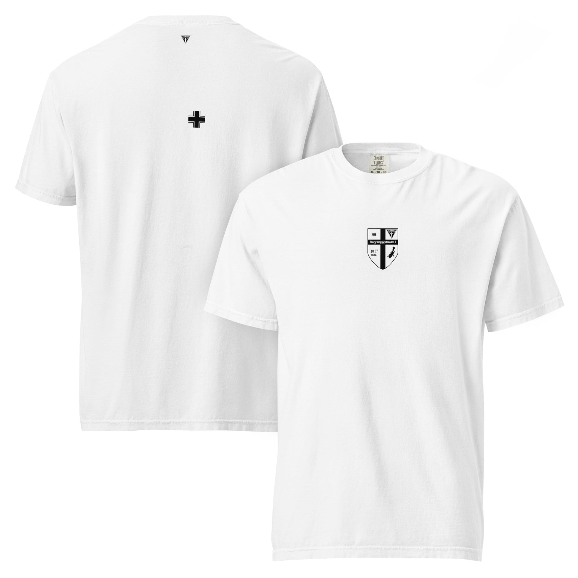 Hand-drawn technical schematic of the Junkers Ju-87 Stuka WWII dive bomber printed on a standard t-shirt.