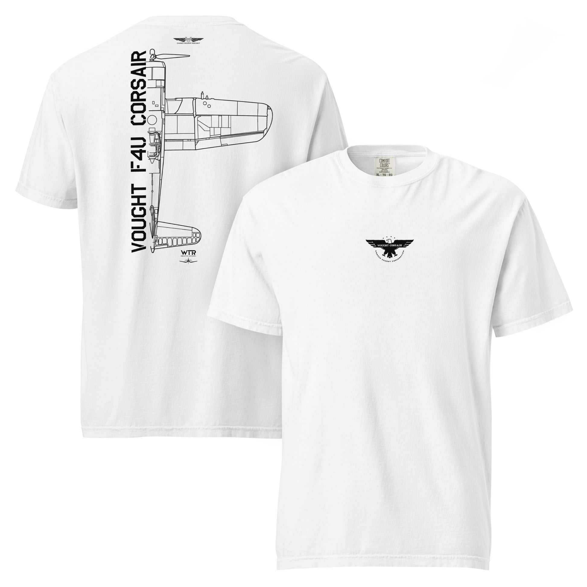Hand-drawn technical schematic of the Vought F4U Corsair US Navy WWII Pacific fighter on a standard t-shirt.