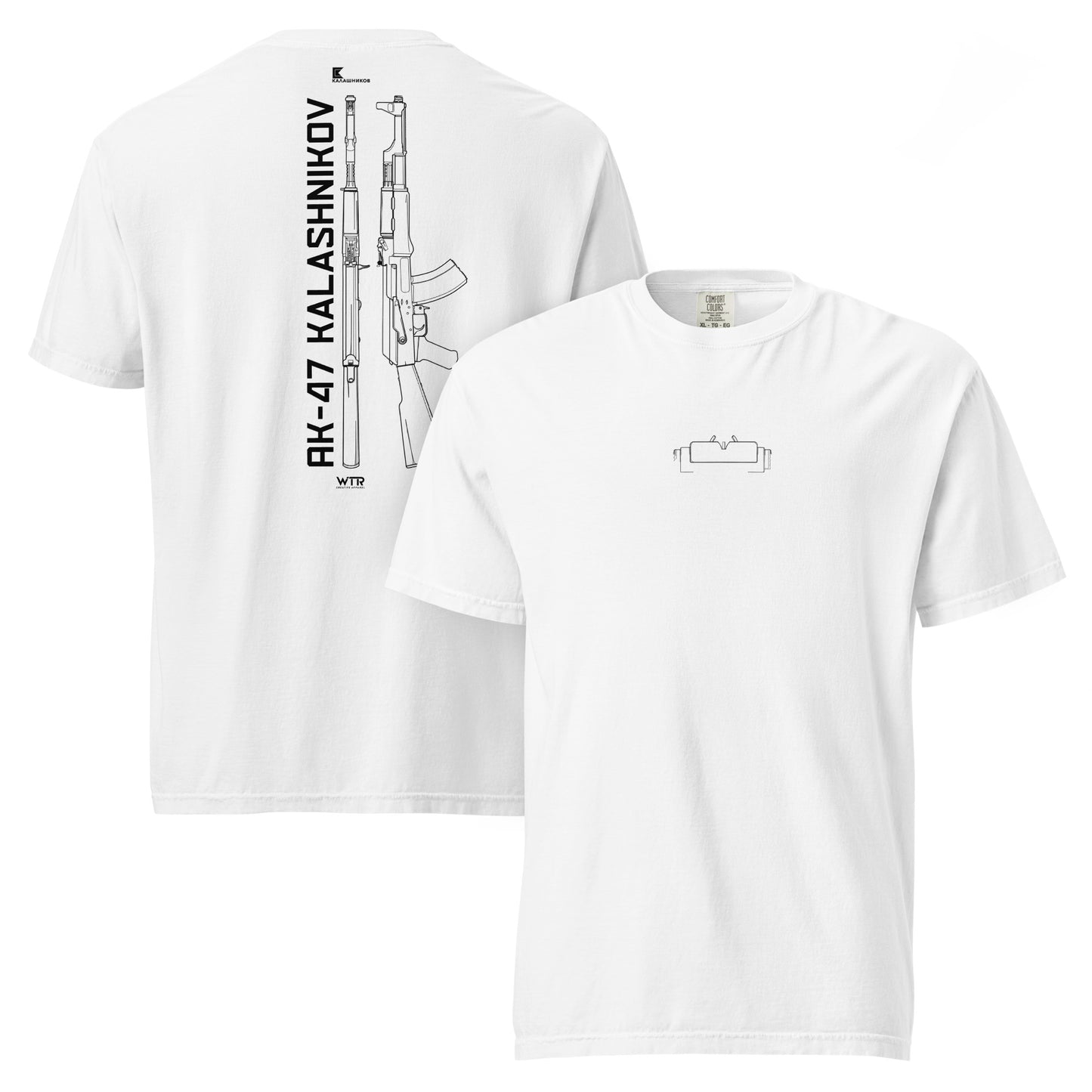 Hand-drawn schematic of the AK-47 KALASHNIKOV RIFLE printed on a standard T-shirt.
