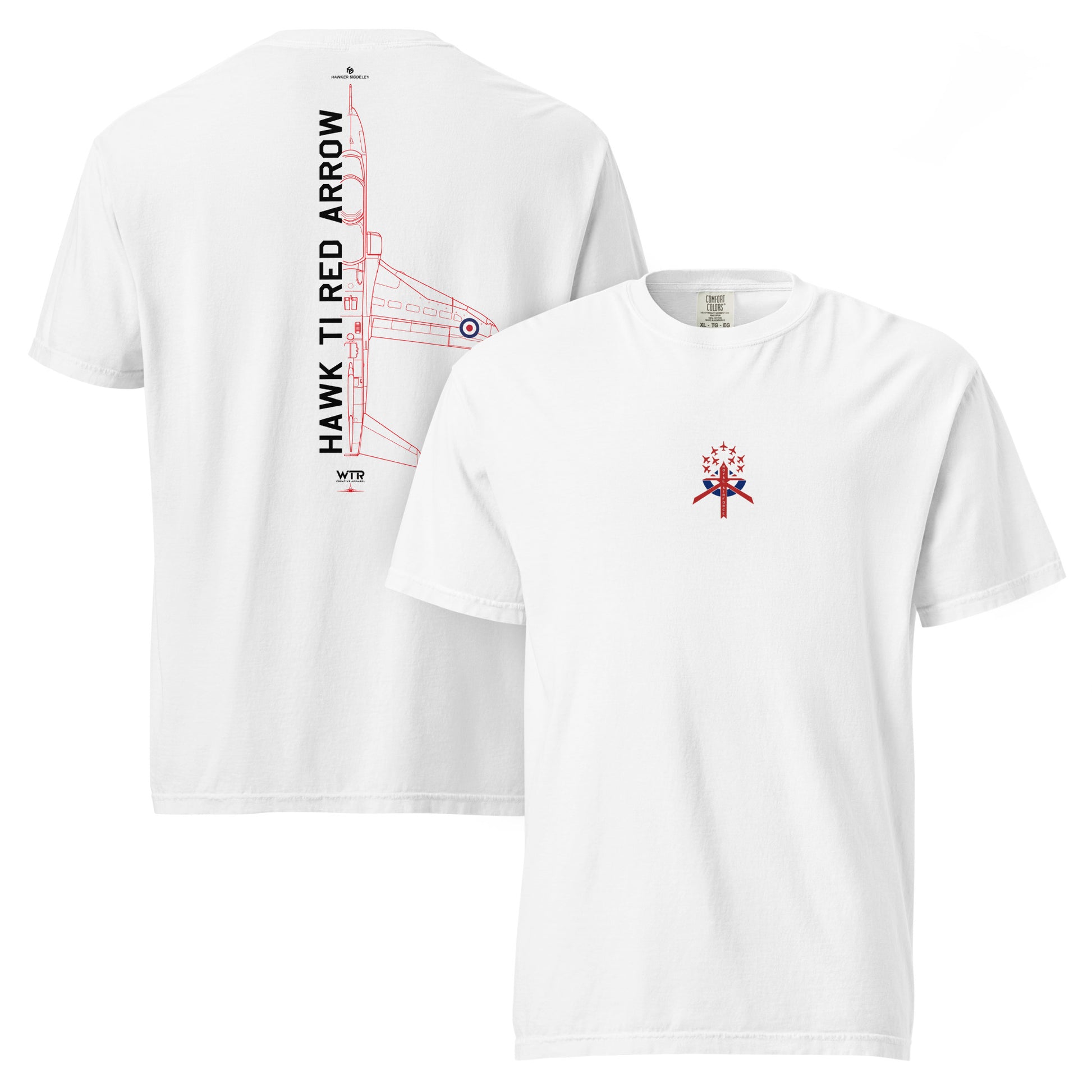 Hand-drawn schematic of the BAE Hawk T1 in Royal Air Force Red Arrows display team livery on a standard t-shirt.