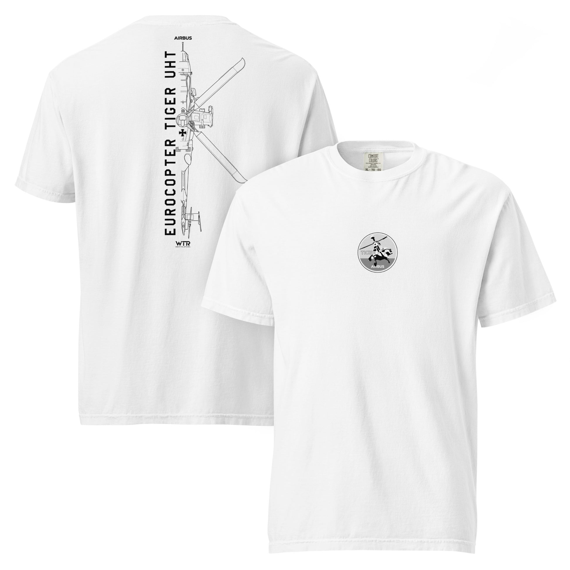 Hand-drawn technical schematic of the Eurocopter Tiger UHT attack helicopter printed on a standard t-shirt.
