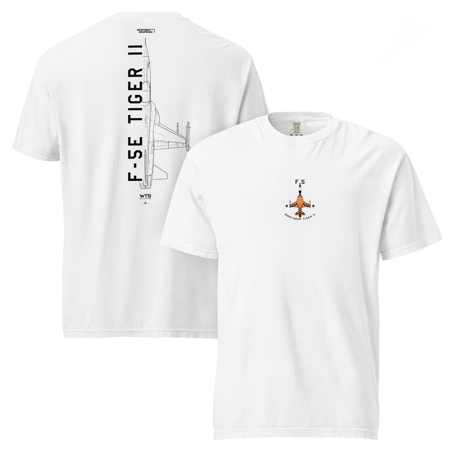 Hand-drawn technical schematic of the Northrop F-5E Tiger II Cold War fighter jet printed on a standard t-shirt.