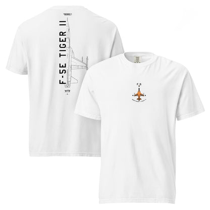 Hand-drawn technical schematic of the Northrop F-5E Tiger II Cold War fighter jet printed on a standard t-shirt.