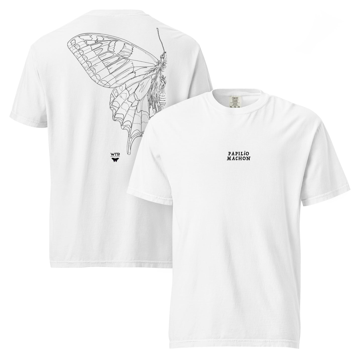 Hand-drawn schematic of the PAPILIO MACHAON OLD WORLD SWALLOWTAIL BUTTERFLY printed on a standard T-shirt.