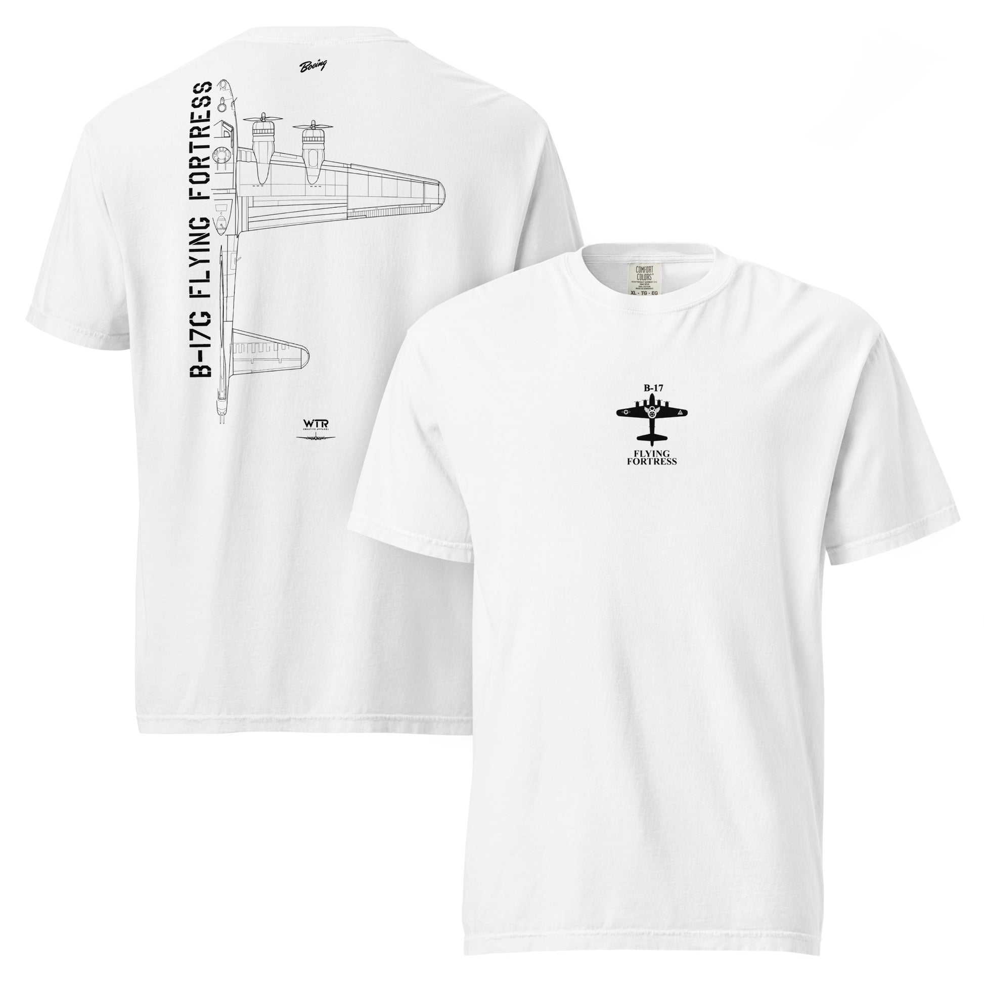 Hand-drawn technical schematic of the Boeing B-17G Flying Fortress WWII heavy bomber on a standard t-shirt.