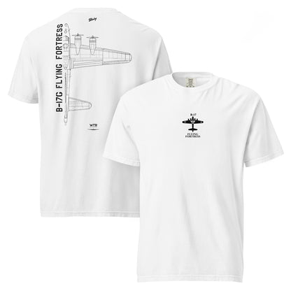 Hand-drawn schematic of the BOEING B-17G FLYING FORTRESS printed on a standard T-shirt.
