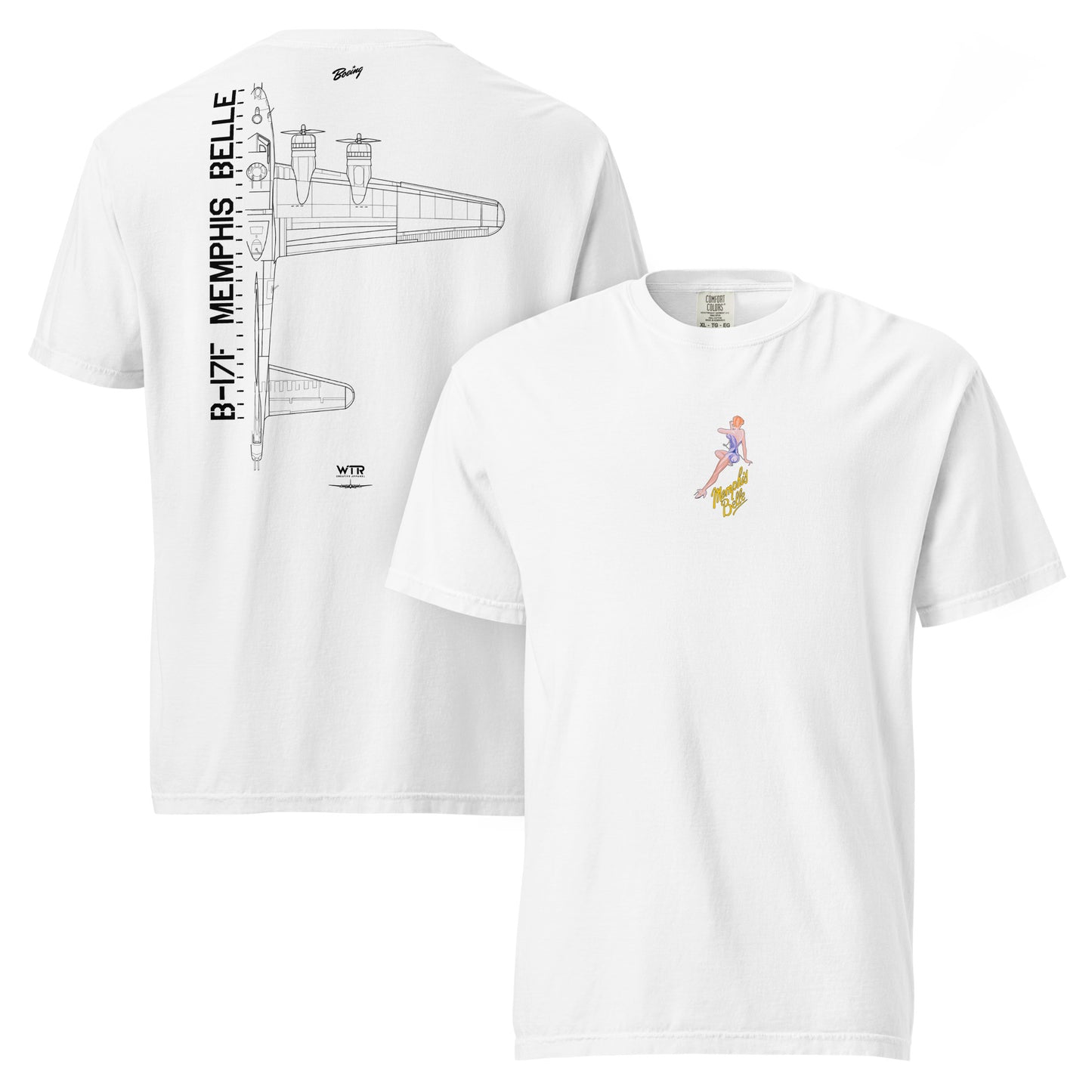 Hand-drawn schematic of the BOEING B-17F FLYING FORTRESS - Memphis Belle Edition printed on a standard T-shirt.
