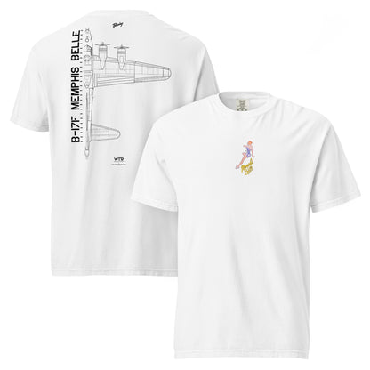 Hand-drawn schematic of the BOEING B-17F FLYING FORTRESS - Memphis Belle Edition printed on a standard T-shirt.