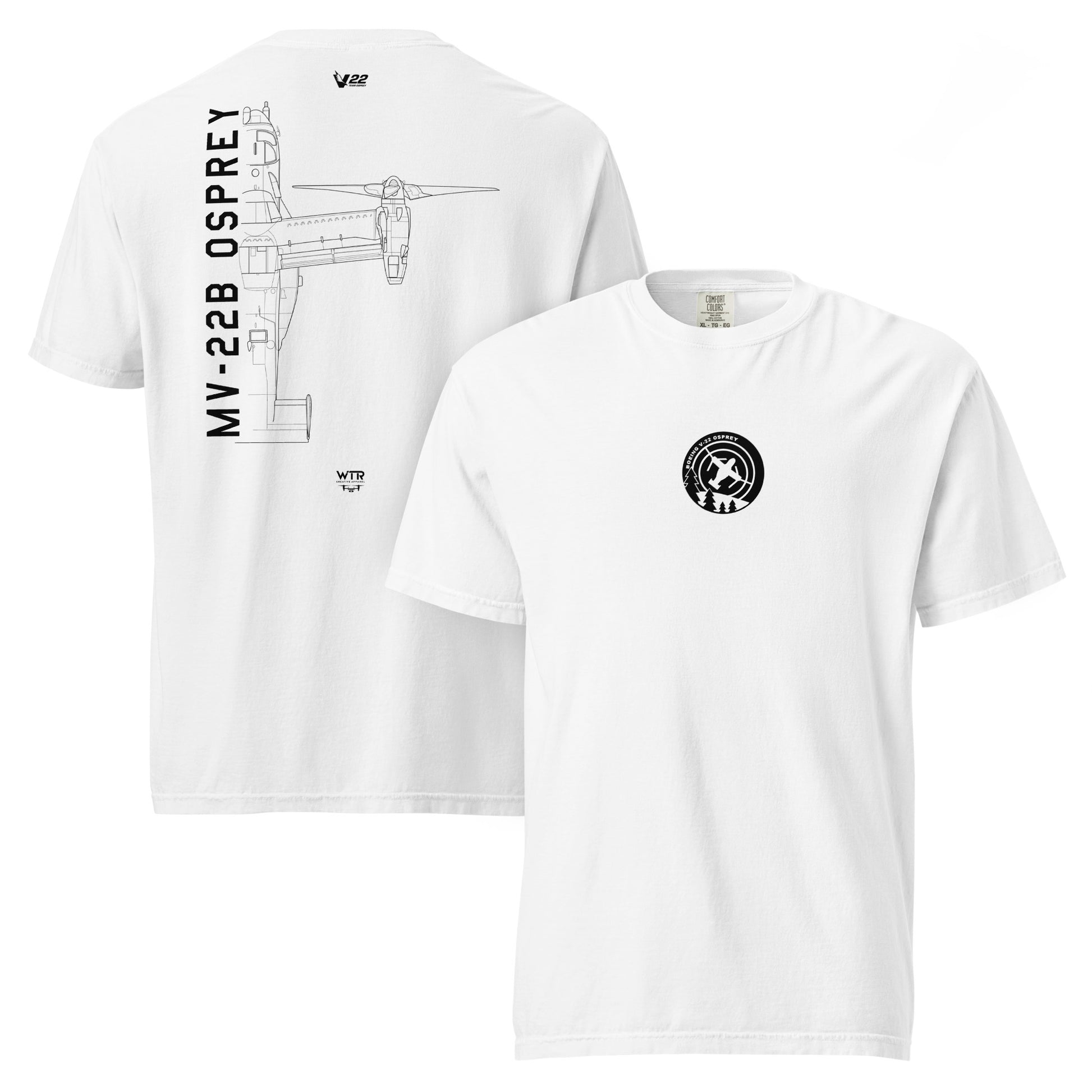 Hand-drawn technical schematic of the Bell Boeing MV-22 Osprey tiltrotor VTOL aircraft on a standard t-shirt.