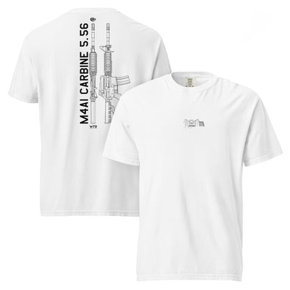 Hand-drawn technical schematic of the Colt M4A1 US Infantry battle rifle printed on a standard t-shirt.