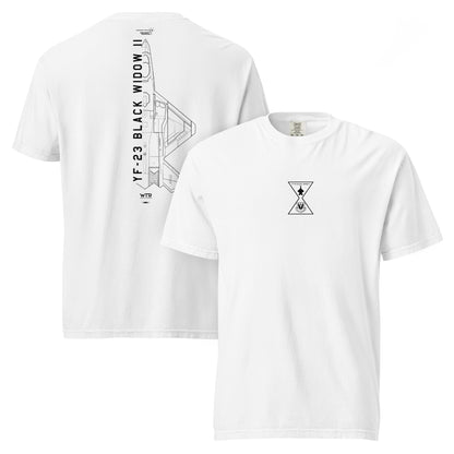 Hand-drawn schematic of the Northrop YF-23 Black Widow II stealth prototype fighter printed on a standard t-shirt.