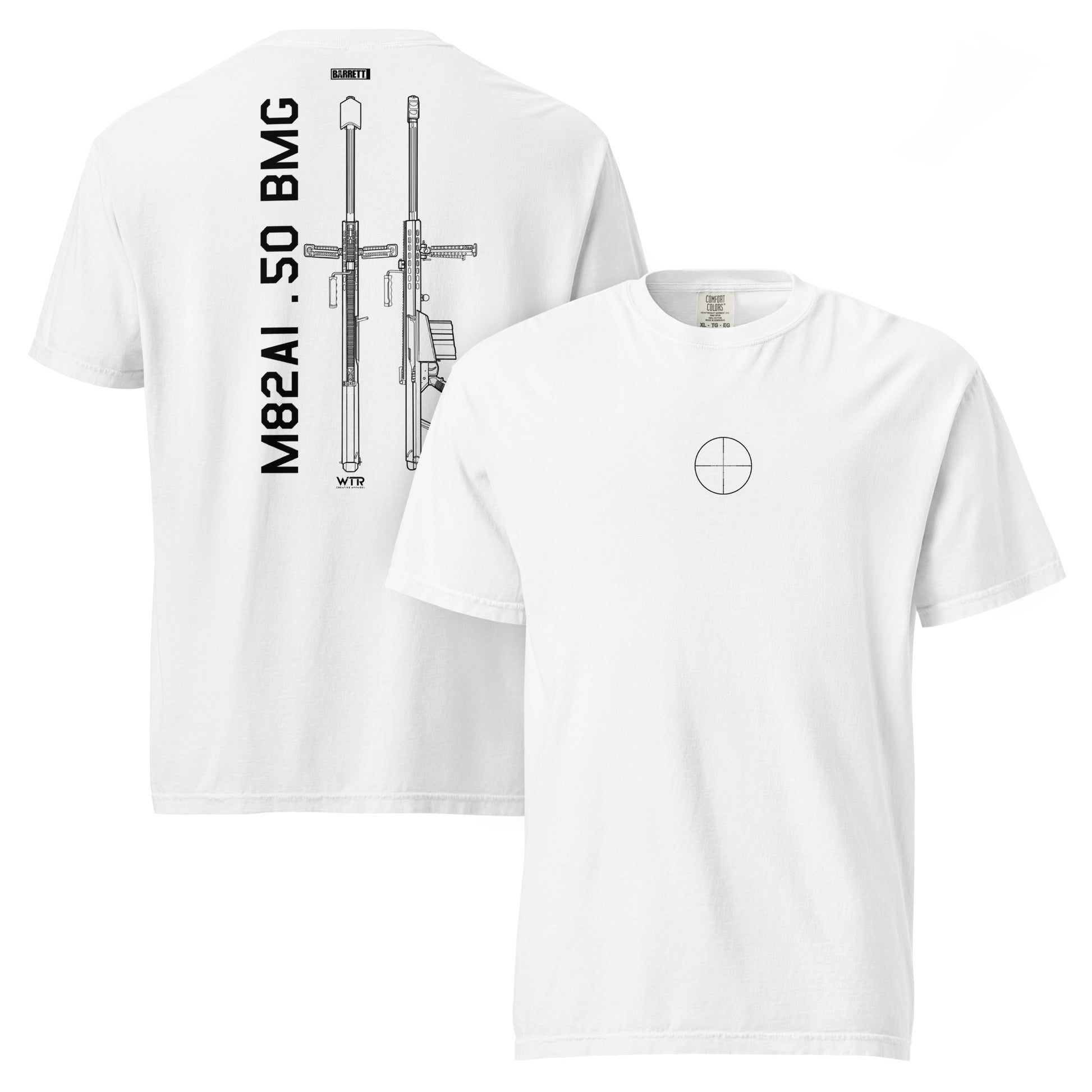 Hand-drawn technical schematic of the Barrett M82A1 .50 BMG anti-materiel rifle printed on a standard t-shirt.