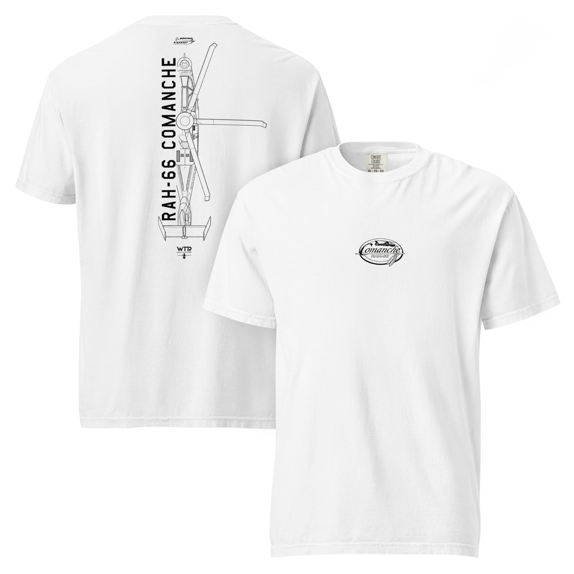 Hand-drawn technical schematic of the Boeing–Sikorsky RAH-66 Comanche stealth reconnaissance helicopter on a standard t-shirt.