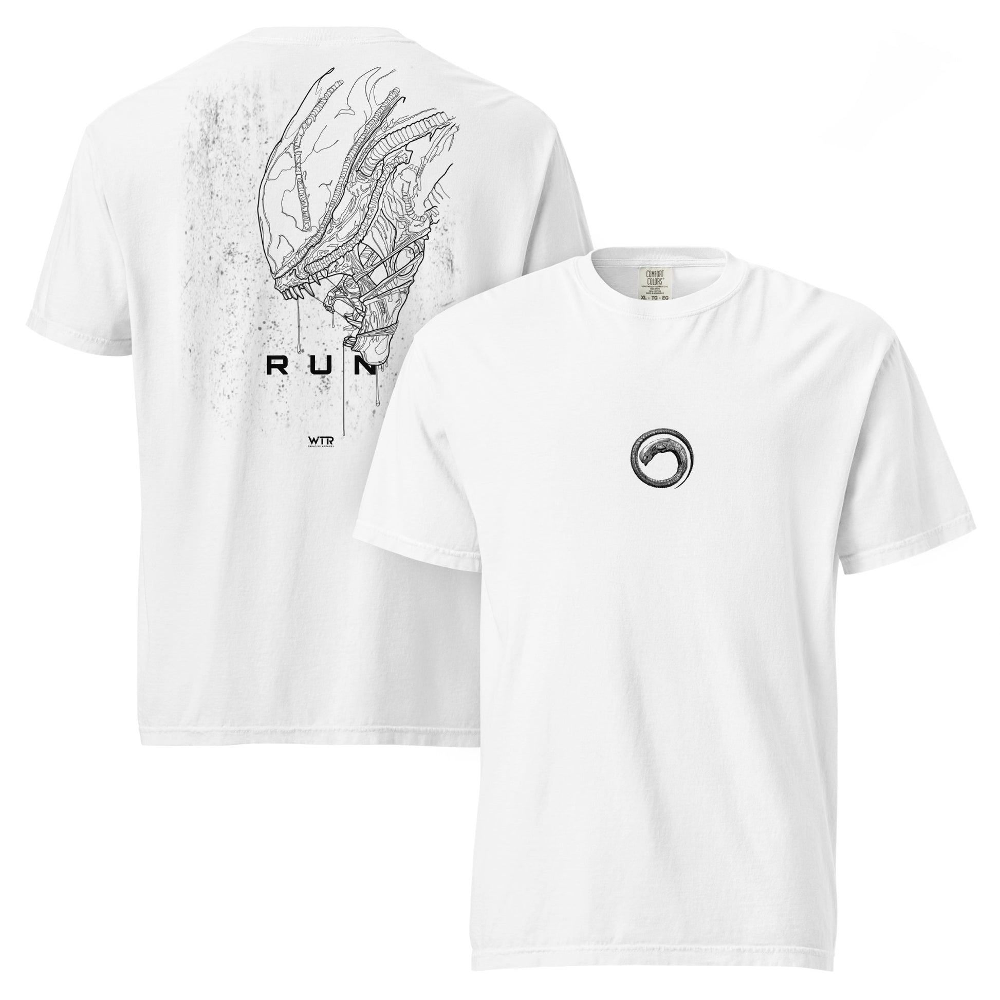 Hand-drawn side profile of an Alien Xenomorph in a technical "Run" sci-fi art style printed on a standard t-shirt.