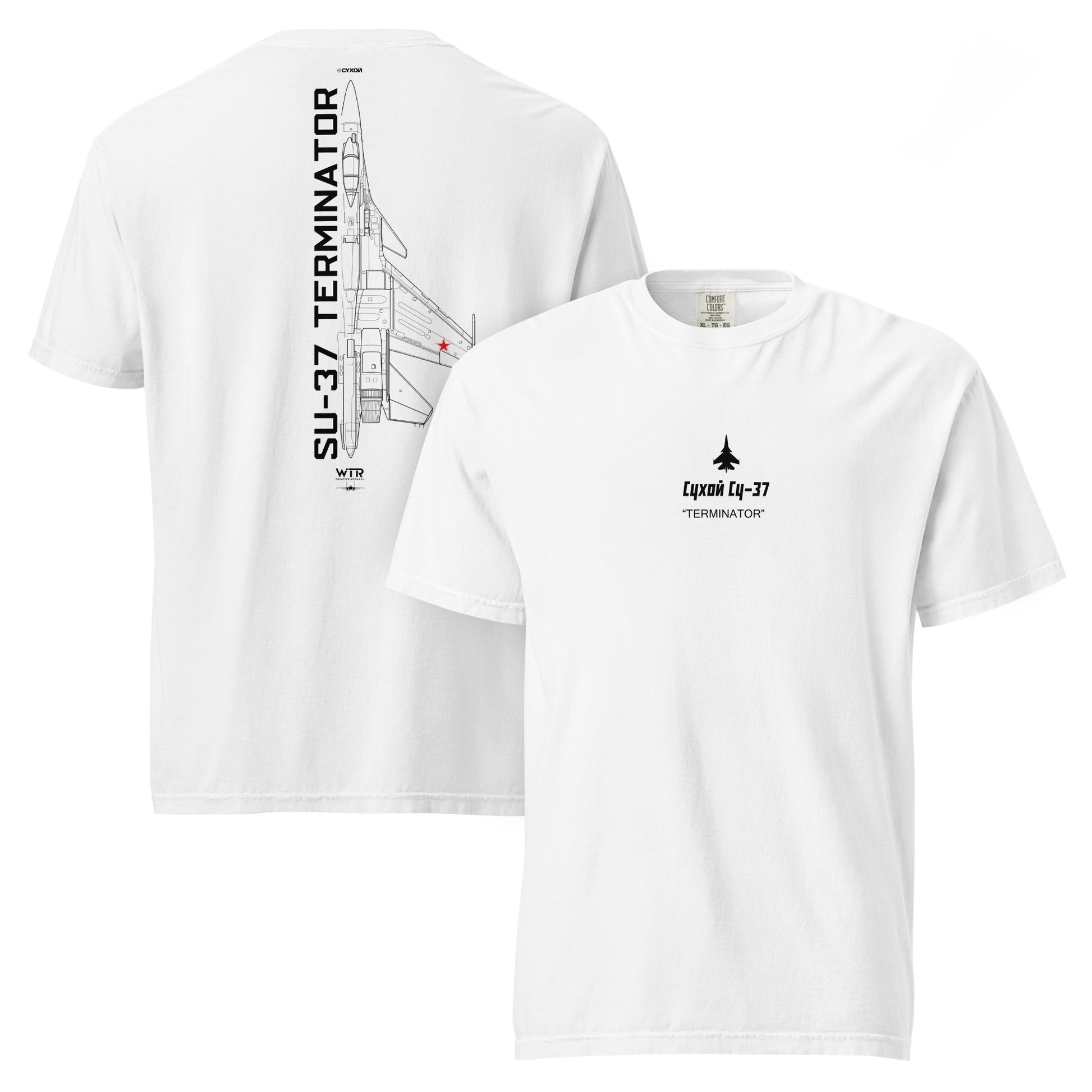 Hand-drawn technical schematic of the Sukhoi SU-37 Terminator air superiority fighter printed on a standard t-shirt.