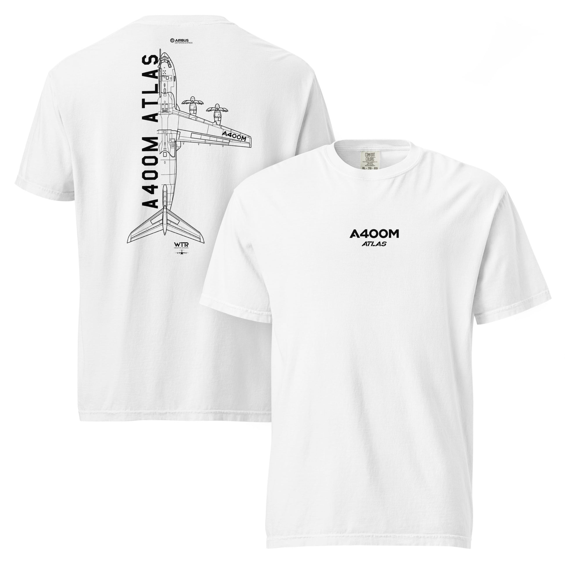 Hand-drawn technical schematic of the Airbus A400M Atlas military transport aircraft printed on a standard t-shirt.